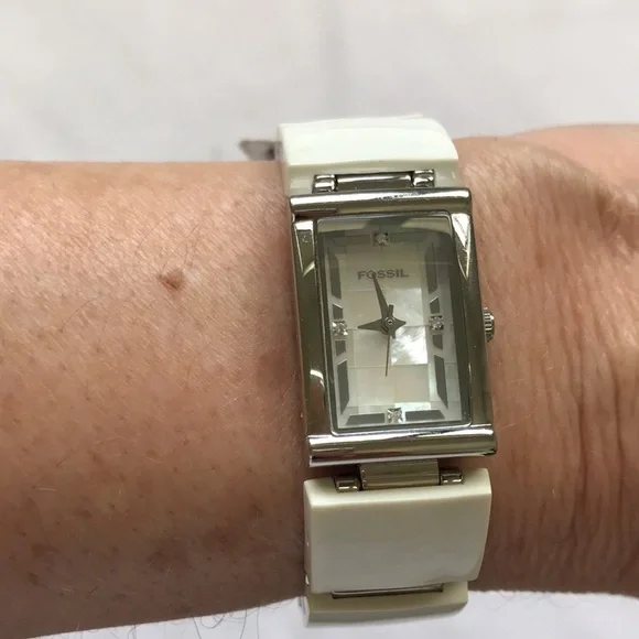 Fossil ES2050 MOP Dial White Ceramic Stainless Steel Link Watch